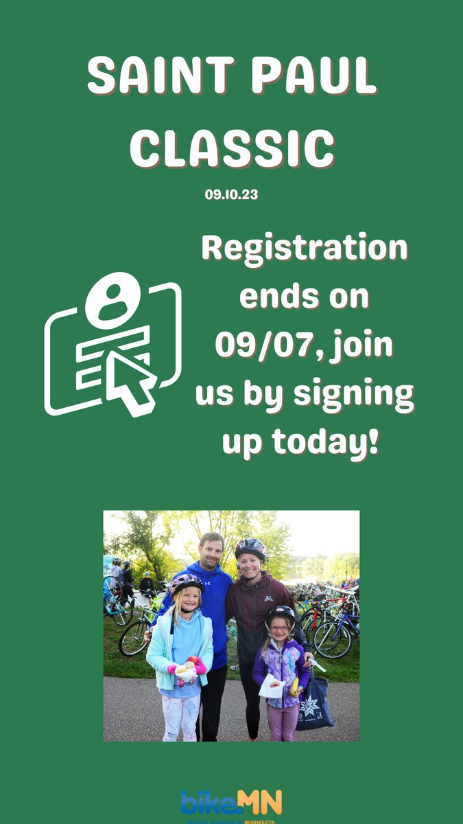 STPClassic's tweet photo. REGISTRATION ENDS SOON -- To help ensure rider safety and enjoyment, we limit the Classic to just 2500 riders with NO "day-of" registration available. Register TODAY!!

#Summer
#SaintPaulClassic 
#Outdoor 
#Cycling 
#Bicycle 
#Bike 
#FamilyFriendly
#Minnesota https://t.co/jcbjZgkunN