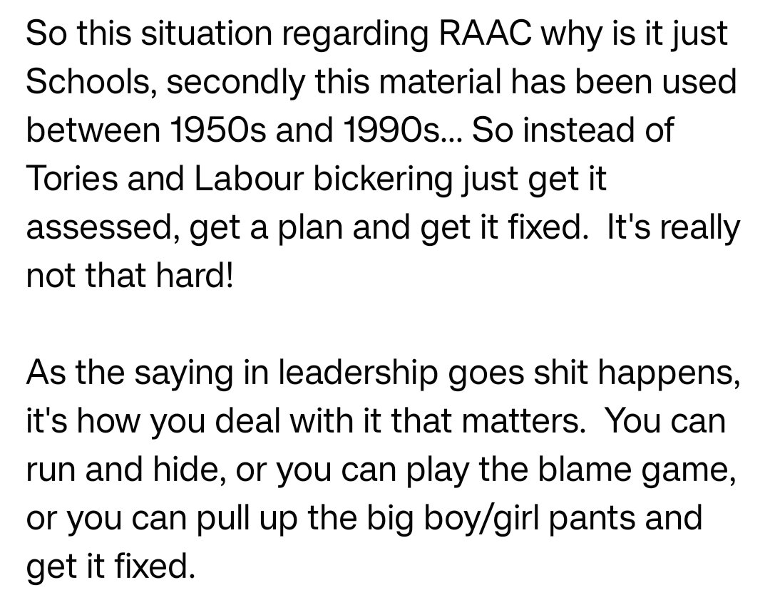 RAAC issue highlights the nonesense of Westminster toxic blame culture.  #leaderswanted

#bbqt