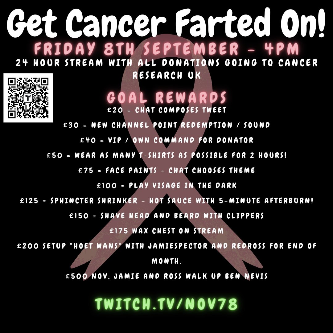 Nov78tv's tweet photo. Right then, this Friday (8th of Sept) starting at 4 pm, I will be hosting a 24-hour charity stream to raise funds for Cancer Research UK. I've set some silly goals for fun, and I'm hoping there will be a few giveaways as well. It would be fantastic to have you there! https://t.co/WzEH3zvxoA