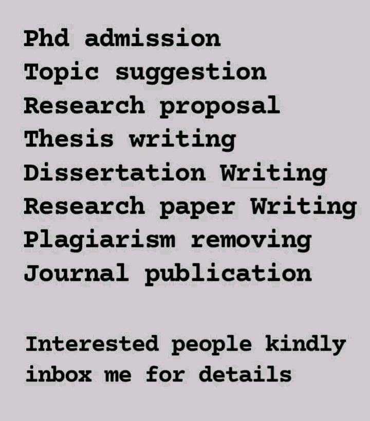 daniels_tutor's tweet image. We provide all research-related services.
i) Topic Selection
ii) Synopsis writing.
iii) Full Thesis Writing.
iv) Implementation software work, SPSS, PYTHON, MATLAB.
v) Plagiarism removal.
vi) Research/Review Paper writing.
vii) Paper Publication in UGC/ SCOPUS/ SCI etc.
Thanks