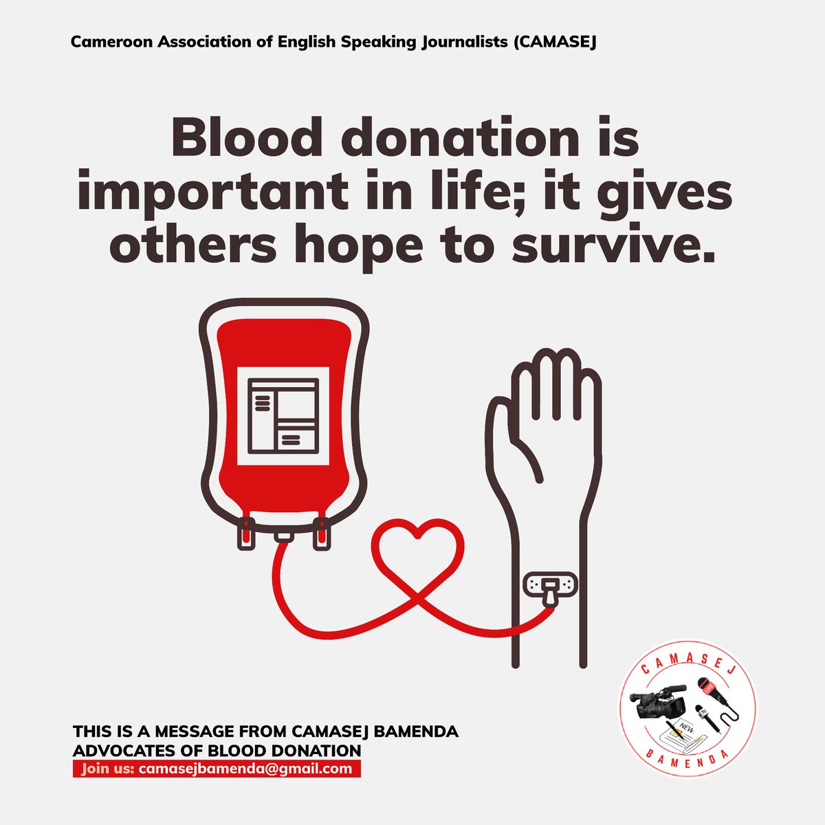 The Cameroon Association of English Speaking Journalists, (CAMASEJ) Bamenda Chapter has launched a voluntary Blood 🩸💉 donation campaign. 
Donate today to safe lives!
