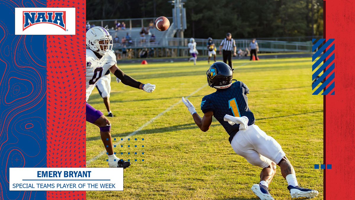 NAIA's tweet photo. 🏈
Emery Bryant of @PointSkyhawks is selected as the #NAIAFootball Special Teams Player of the Week after running back a kickoff for a TD!

Check out the nominees --> https://t.co/1QpyhfTSri

#collegefootball #NAIAPOTW https://t.co/OZ6YQJqpuH