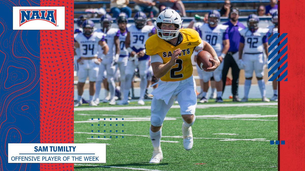🏈
Sam Tumilty from <a href="/USFSaints/">USF Fighting Saints</a> is chosen as the #NAIAFootball Offensive Player of the Week after combining for eight touchdowns!

Read about his insane stats! --&gt; bit.ly/3R7nFzV

#collegefootball #NAIAPOTW