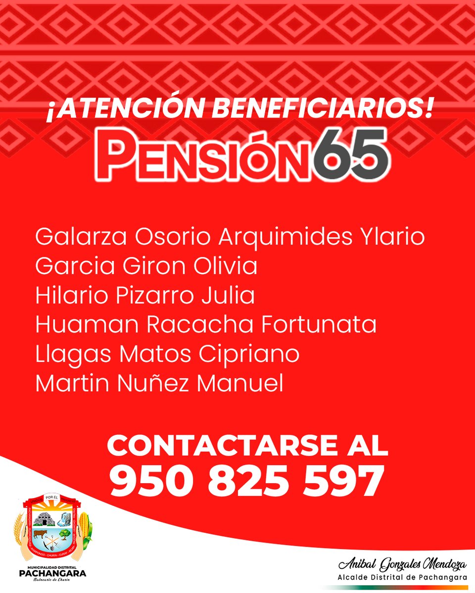 muni_churin's tweet photo. Se hace de conocimiento a los beneficiarios del programa Pensión 65 que figuran dentro de la lista, acercarse a la Sub Gerencia de Desarrollo social y económico para la actualización de datos tras vencimiento de su empadronamiento.
Llamar o escribir al whatsapp 950 825 597 https://t.co/1mh3zjq9oh