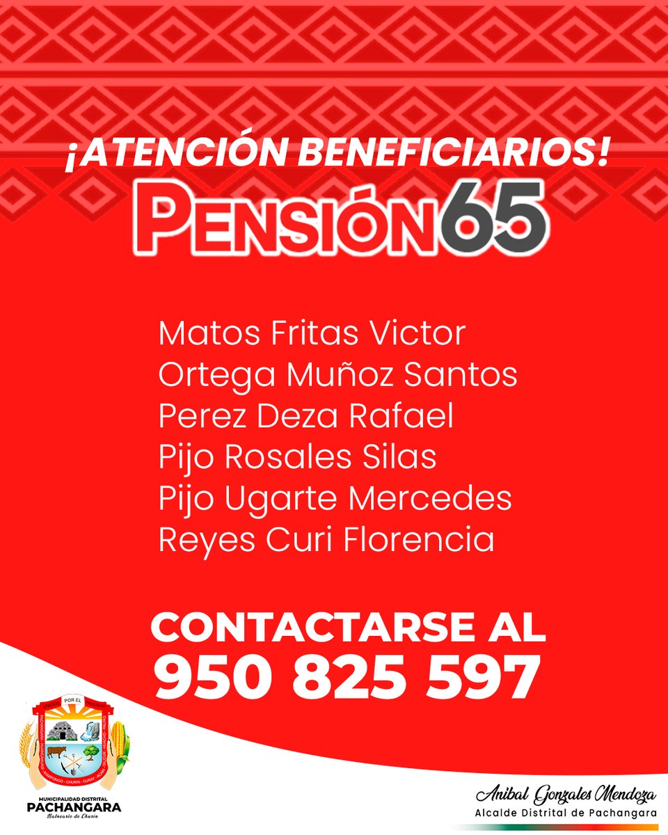 muni_churin's tweet photo. Se hace de conocimiento a los beneficiarios del programa Pensión 65 que figuran dentro de la lista, acercarse a la Sub Gerencia de Desarrollo social y económico para la actualización de datos tras vencimiento de su empadronamiento.
Llamar o escribir al whatsapp 950 825 597 https://t.co/1mh3zjq9oh