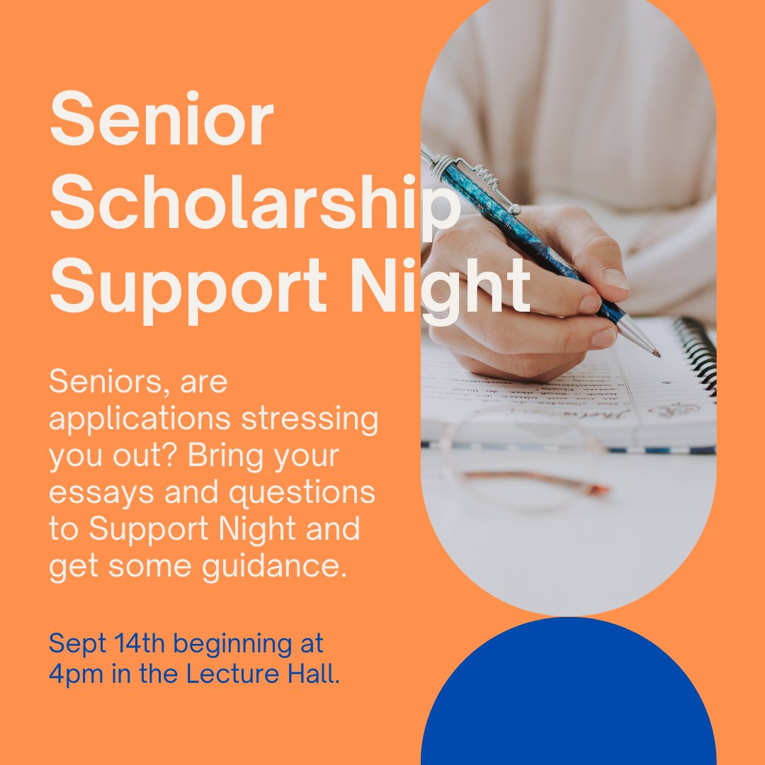 Attention all seniors! We are here to help with all things college preparation! Many of our teachers are volunteering to stay after school to help you complete scholarships, essays, and applications. Please join us on September 14th at 4:00 PM in the Lecture Hall.