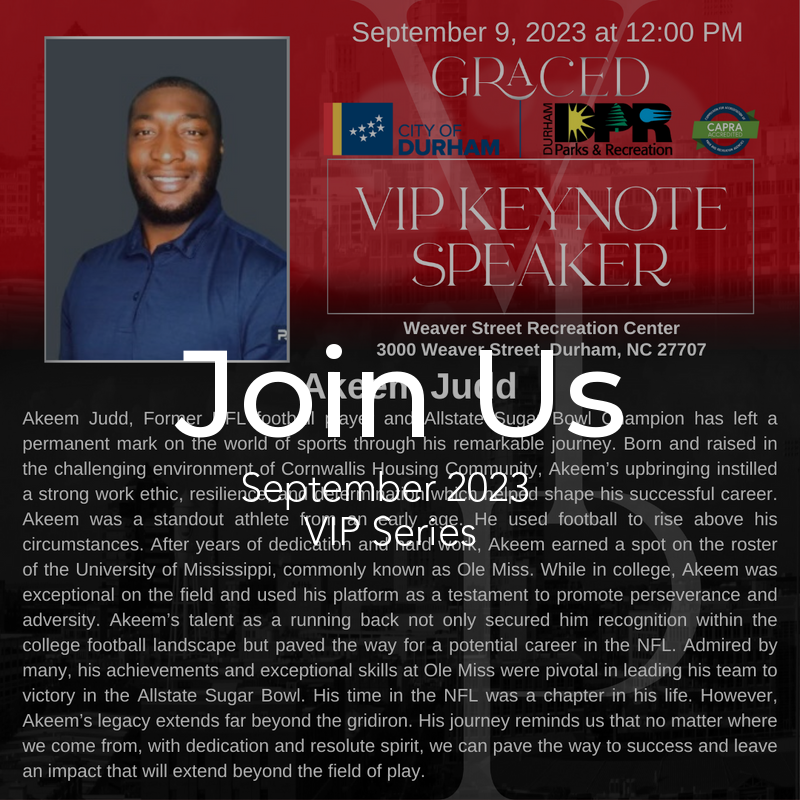 GracedincDurham's tweet photo. September 9th @ Weaver Street Recreation Center in Durham  at 12:00pm #motivationiskey #inspiringyoungminds #opentothepublic 
https://t.co/MlSTy1Fzzf
#AkeemJudd #VIPSeries #inspiringyouth #motivationforlife #reachoneteachone https://t.co/9dBokqPdCu