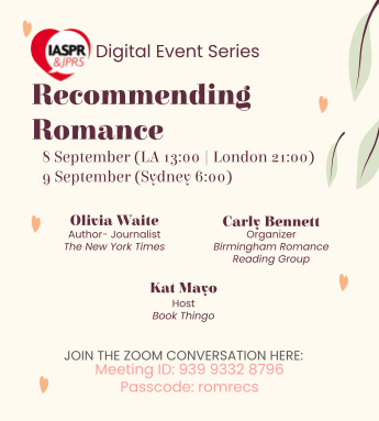 IASPR (@iaspr) on Twitter photo Digital Event: Recommending Romance!
Please join us for the inaugural IASPR Digital Event Series that is set to take place on Friday 8 September, 21:00 Greenwich Time.
Speaker: <a href="/O_Waite/">Olivia Waite</a> @CarlyBResearch @bookthingo
Sign up for event reminders: tinyurl.com/IASPRDigitalEv… Digital Event: Recommending Romance!
Please join us for the inaugural IASPR Digital Event Series that is set to take place on Friday 8 September, 21:00 Greenwich Time.
Speaker: <a href="/O_Waite/">Olivia Waite</a> @CarlyBResearch @bookthingo
Sign up for event reminders: tinyurl.com/IASPRDigitalEv…