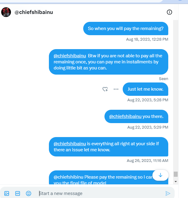 olivia_smith102's tweet photo. please report this person @chiefshibainu i have delivered him work the total deal was $750 and he pay me $150 as an upfront remaining amount he's not paying also he approved the work and now he's not giving me response proof are shown below https://t.co/c67XAZr5UL
