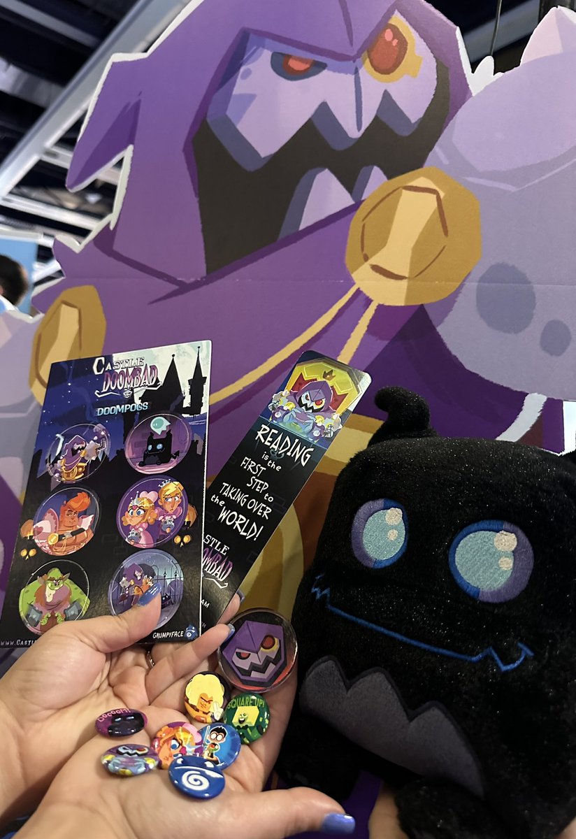 Grumpyface's tweet photo. Check out all the #swag we brought for our #PAXWest2023 #CastleDoombad booth! (We just had to go all out!! AND we wanted to rep our #StevenUniverse and #TeenyTitans games too!) There’s three hours left to get yours! #PAXWest #GrumpyfaceStudios https://t.co/eZCCAcodid