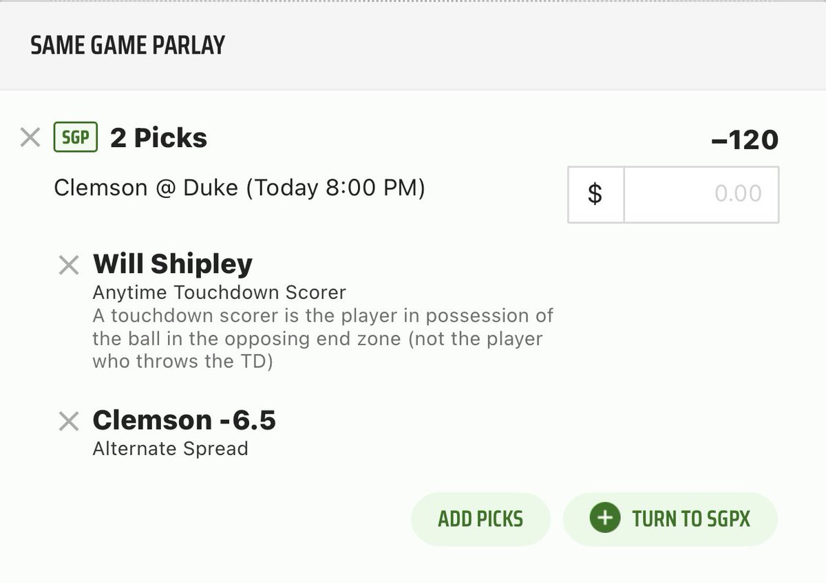 QuentonWhite14's tweet photo. CFB Free Picks! 

🏈 Clemson 1st Half (-6.5) 
To win 1u 

🏈 Will Shipley TD + Clemson FULL GAME (-6.5) 

Clemson will dominate this game! 

Duke was impressive last szn but DID NOT play ONE ranked team.. 

There’s Levels to this game! 

Who’s w me?! 👇👇👇

#GamblingTwitter https://t.co/NzFTUczlr1