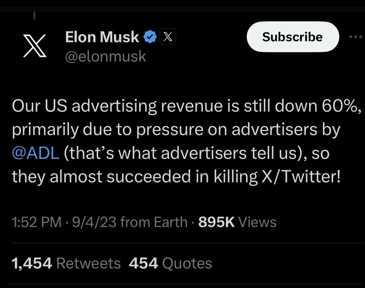 .@elonmusk: Twitter’s ad revenue is not down 60% “because of pressure from the @ADL,” you ridiculous clown. It’s down 60% because you replatform and amplify Nazis, dangerous disinformation, and bigoted extremist accounts that no brand in their right mind wants anything to do with