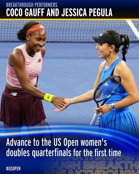 Graphic showing Gauff and Pegula advance to the US Open women's doubles quarterfinals for first time. 