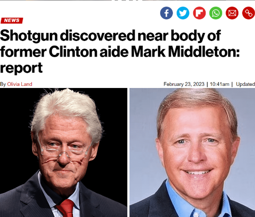 AwakenedOutlaw's tweet photo. Remember back to March 2022 when they found Mark Middleton, a long-time Clinton confidant, dead hanging from a tree by an electrical cord - but also with a massive hole in his chest?
Well, and I know this might come as a shock to s some of you, but it was ruled to be a suicide.
Did you know that he was Bill Clinton's Senior Advisor at the White House and that he had Jeffrey Epstein (who also did not kill himself) over to the People's House seventeen (17) times (that we know of) to meet with Bill?
Did you also know that he also was known to fly on Epstein's so-called 'Lolita Express'?
Well, one odd part of this story is that he supposedly shot himself in the chest with a shotgun...but the gun was listed as not being at the scene. Which is odd as we were told it was a suicide.
Later on, it was determined that a paperwork error led to the discrepancy and that a shotgun had, in fact, been found at the site of the crime.
And just so none of you start spouting off with "conspiracy theories" you should know that it was noted as being a mere 30 feet from the body - just like you'd expect.
Nothing to see here.
Nope.😬
https://t.co/dV1FODNJvs