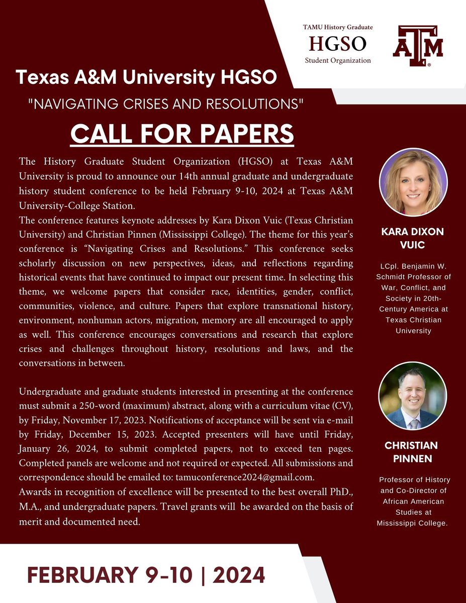 HGSO - Texas A&M (@tamuhgso) on Twitter photo CALL FOR PAPERS! <a href="/historyTAMU/">History at TAMU</a>
We're excited to share the CFP for our 14th Annual History Conference at Texas A&M University, “Navigating Crises and Resolutions.” We welcome all graduate and undergraduate papers. Please send submissions by November 17, 2023! CALL FOR PAPERS! <a href="/historyTAMU/">History at TAMU</a>
We're excited to share the CFP for our 14th Annual History Conference at Texas A&M University, “Navigating Crises and Resolutions.” We welcome all graduate and undergraduate papers. Please send submissions by November 17, 2023!