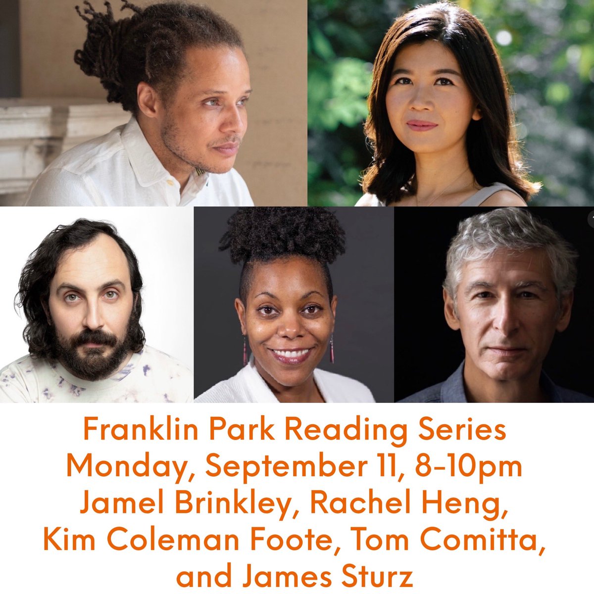 ONE WEEK FROM TONIGHT—MONDAY, SEPTEMBER 11: The @FranklinParkBK Reading Series kicks off its fall season with stellar authors @jamelbrinkley, @rachelhengqp, @KimColemanFoote, @TomComitta, and @jamessturz! Drink specials, book raffle! #Free fb.me/e/37xEdSC2y