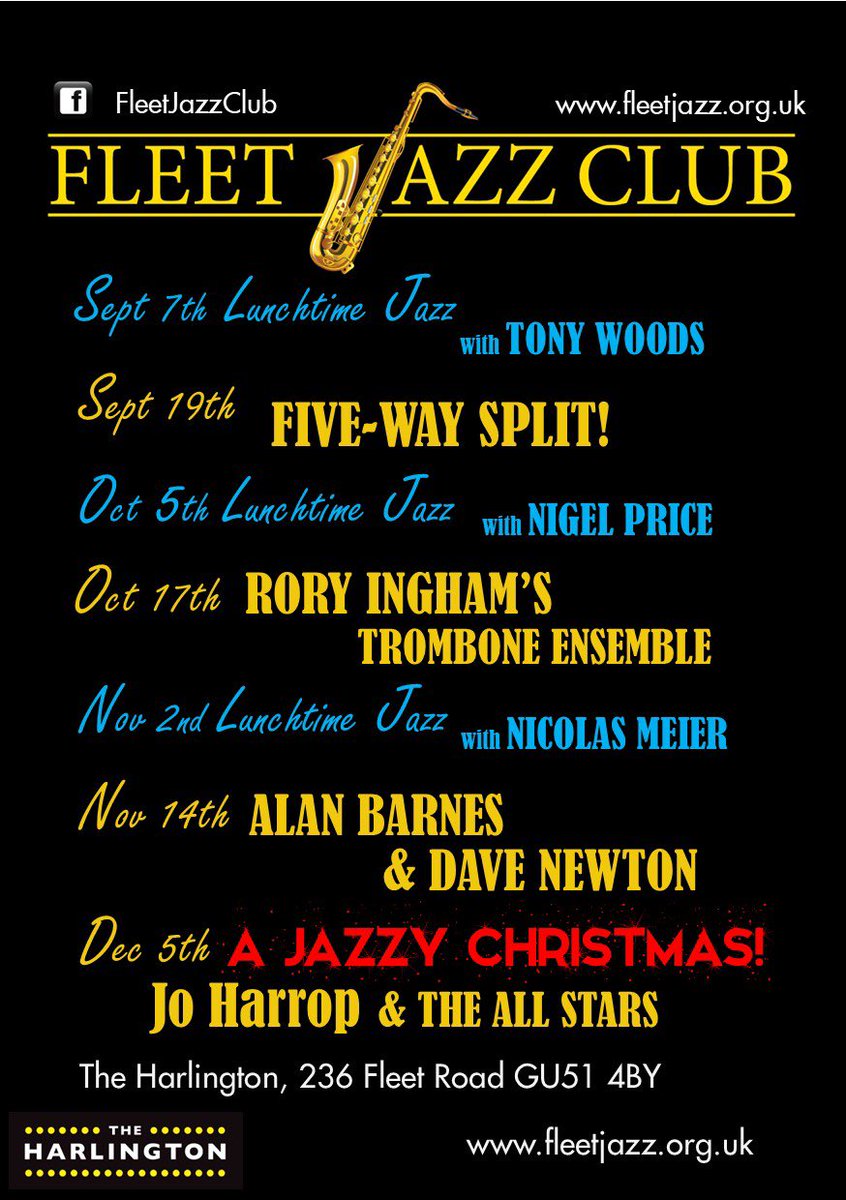 FleetJazz's tweet photo. Our Autumn programme starts with a welcome return for our Lunchtime jazz on Thursday 7th September @TheHarlington Our guest will be the fine alto saxophonist Tony Woods &amp; Meredith White on piano, along with @MarianneWindham on bass. https://t.co/LfsK5LVfTp
