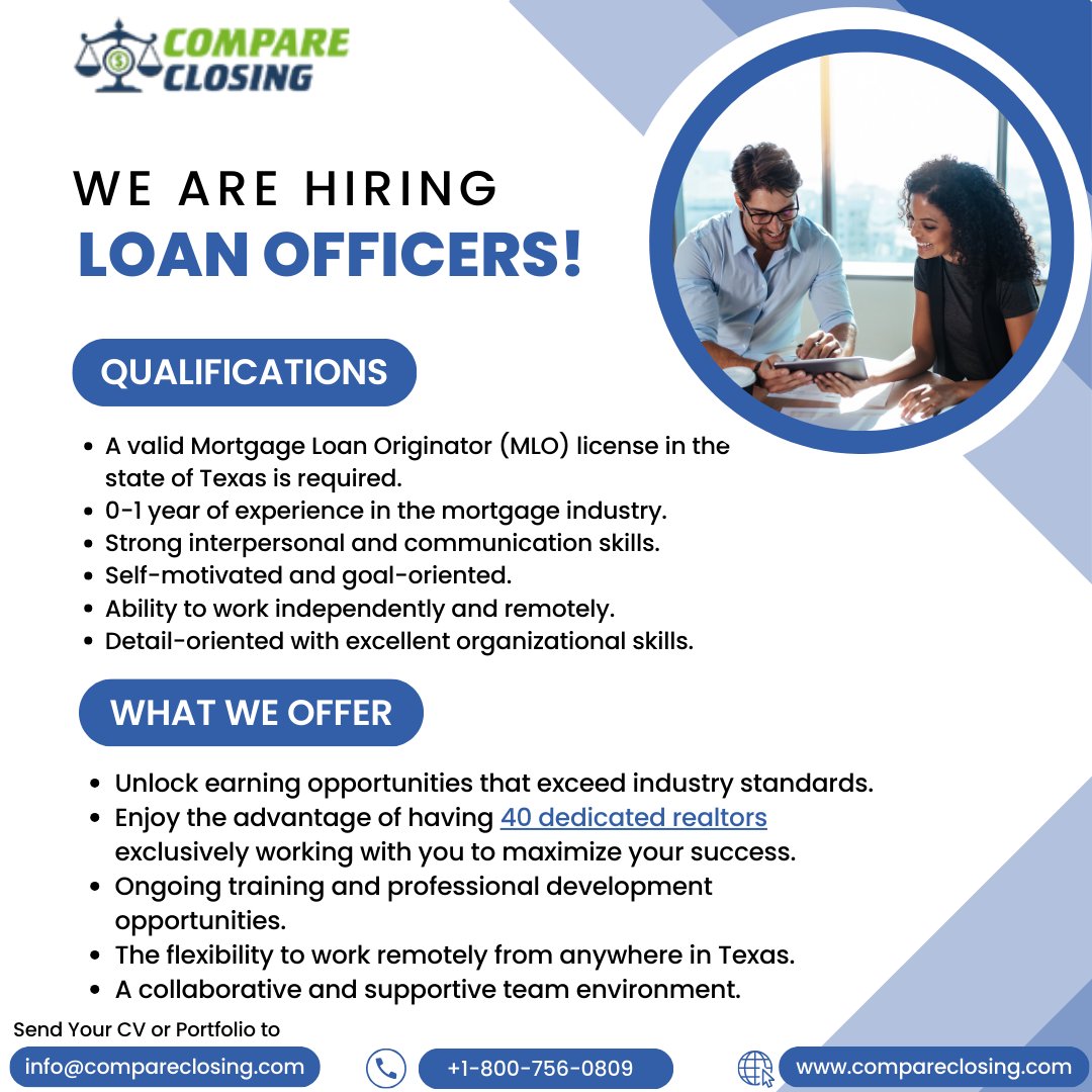 CompareClosing's tweet photo. Looking to fuel your career in the mortgage industry? 🔥 Join our team as a Mortgage Loan Officer in the heart of Texas! 🏠💼

Contact us today at +1-800-756-0809 or email us at info@compareclosing.com to explore exciting opportunities. https://t.co/kkrAm9wVfF