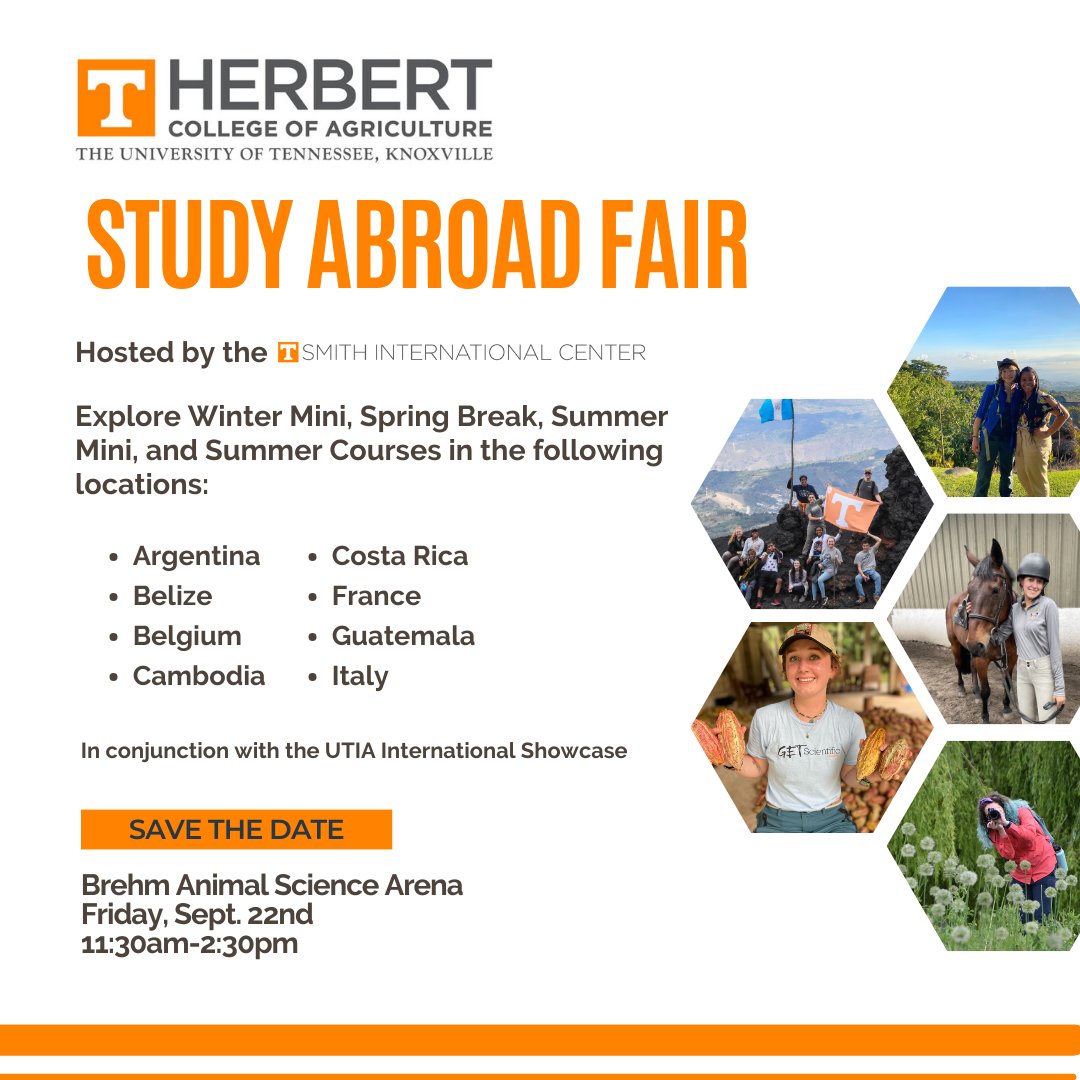 The @ut_herbert Study Abroad Fair, held with the @utiag International Showcase, takes place on Friday, Sept. 22 from 11:30 am to 2:30 pm at Brehm Animal Science Arena. Stop by for lunch from 🌏 food trucks &amp; find out how you can #GrowGlobal through studying abroad! @utkglobal