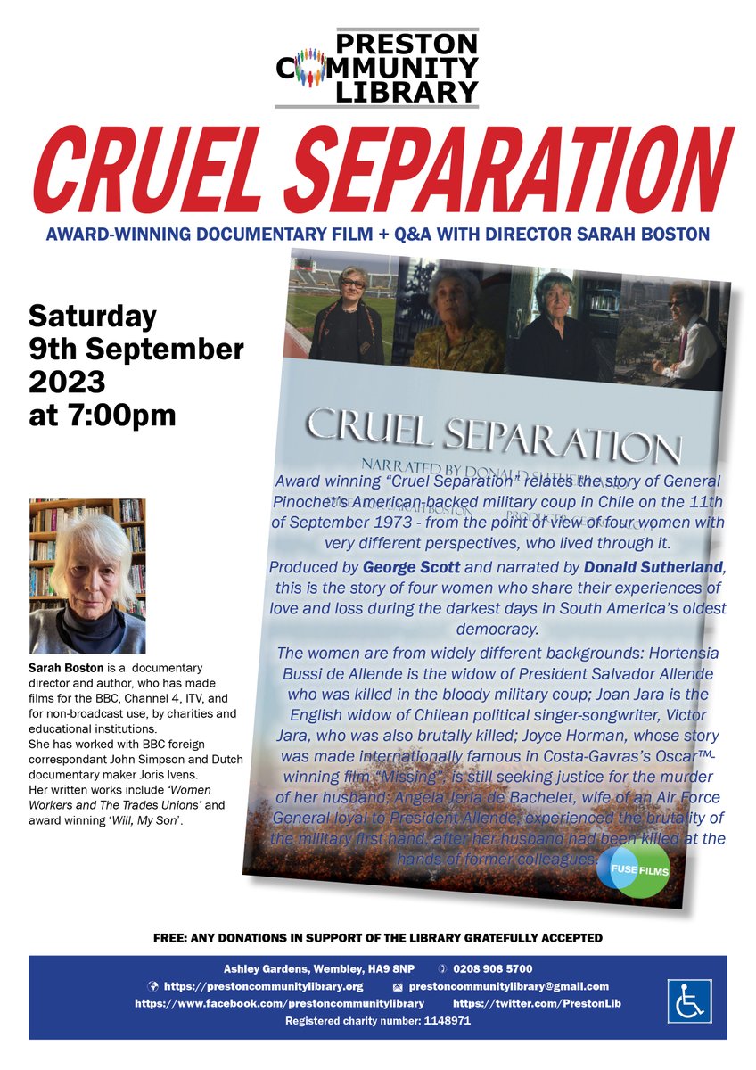 Preston Library (@prestonlib) on Twitter photo Come to our film on Saturday, 7pm and hear Director Jane Boston talk about her film on what happened in Chile in 1973. <a href="/bktimes/">Brent & Kilburn Times</a> <a href="/preston_rd/">Preston Road Wembley</a> <a href="/BrentFightback/">Brent Fightback</a> <a href="/BrentFoE/">Brent FoE</a> <a href="/Brent_Council/">Brent Council</a> <a href="/BrentLibraries/">Brent Libraries</a> Come to our film on Saturday, 7pm and hear Director Jane Boston talk about her film on what happened in Chile in 1973. <a href="/bktimes/">Brent & Kilburn Times</a> <a href="/preston_rd/">Preston Road Wembley</a> <a href="/BrentFightback/">Brent Fightback</a> <a href="/BrentFoE/">Brent FoE</a> <a href="/Brent_Council/">Brent Council</a> <a href="/BrentLibraries/">Brent Libraries</a>