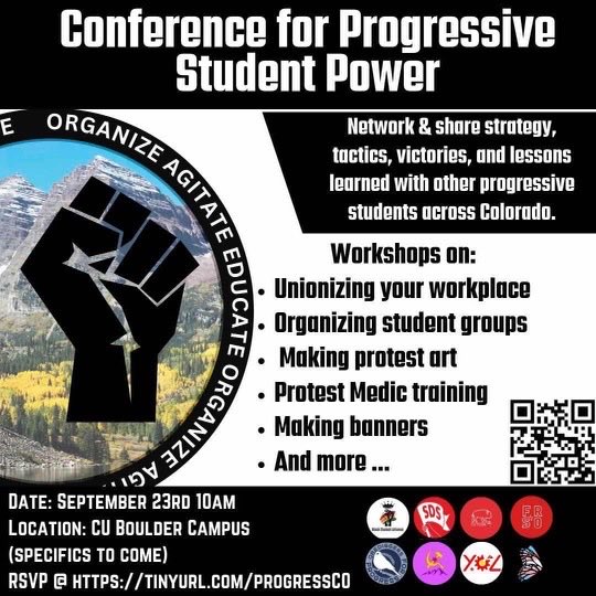 cu_ydsa's tweet photo. ‼️EVENT ANNOUNCEMENT‼️: Join us at the Conference for Progressive Student Power on September 23, 2023. This is an opportunity for students to align their actions with their values and learn to organize. We hope to see you there! @DenverSDS https://t.co/MfjTaB39lw