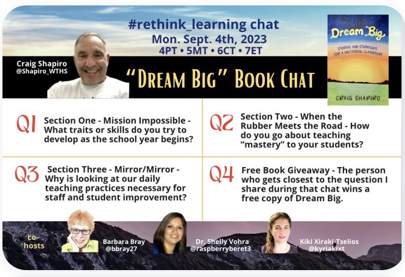 One hour until DREAM BIG book give-away at #rethink_learning. So excited to be hosting the chat about my just released book. Great resource for relationships - instruction and reflection. @bbray27 @mcdonald_kecia @raspberryberet3 @kyriakixt @donna_mccance @NowakRo @redefineED