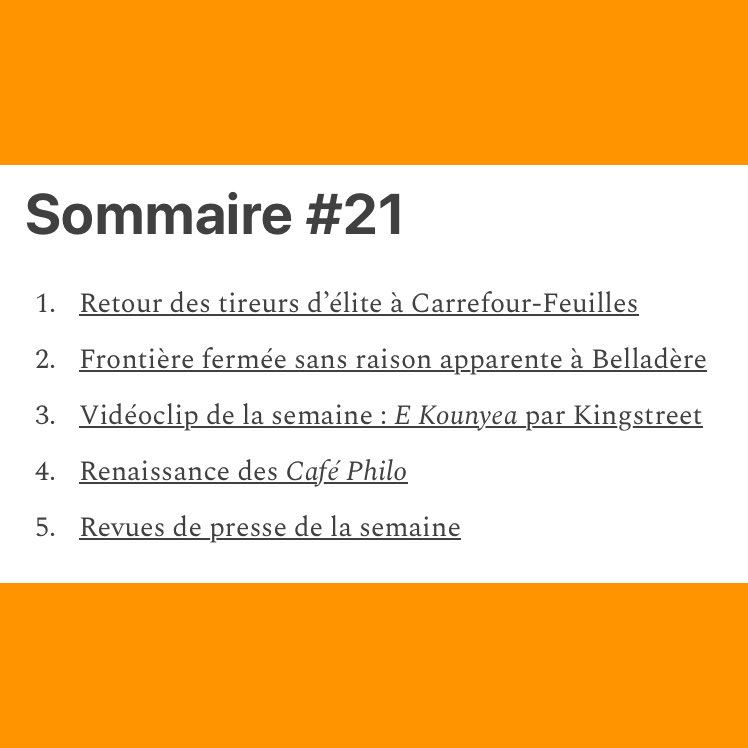 Gen snaypè nan goumen #Kafoufèy, pa gen moun ki konnen poukisa frontyè #Beladè fèmen, #Kingstreet ap bay love, epi #CaféPhilo tounen. Tout sa ak plis ankò nan HAÏTI MAGAZINE #21 pa @DeyeMonEnfo. Lenk nan byo.