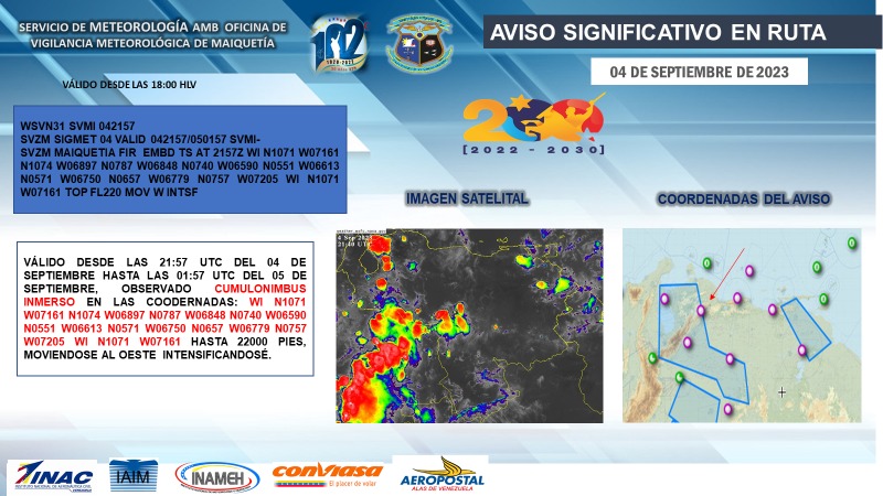 #04Sep #INAMEHInforma Aviso significativo en Ruta, condiciones meteorológicas adversas a la navegación aérea en las coordenadas Georeferenciadas. #Reporte de las 18:00 HLV. #MeEncantaVenezuela