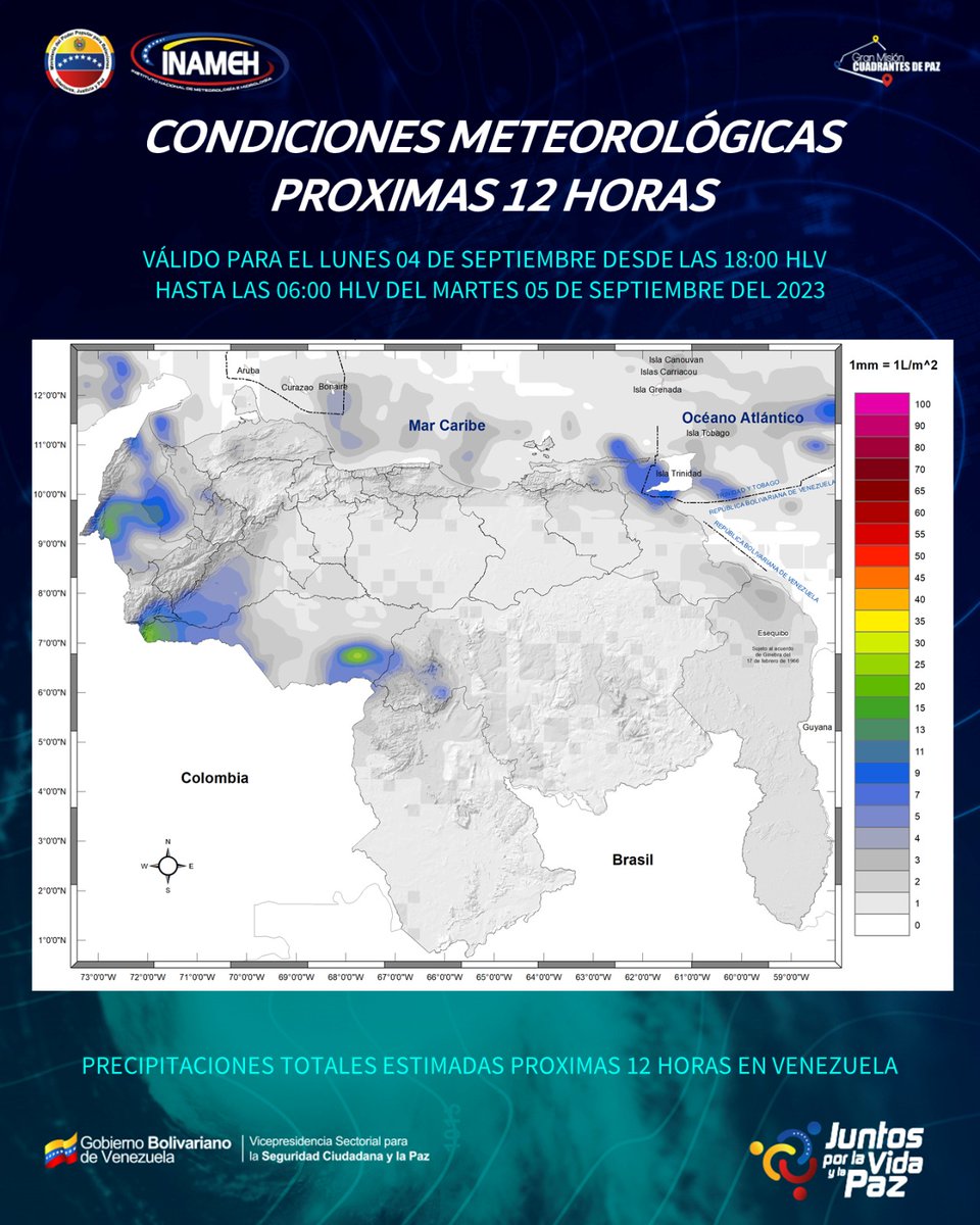 #04Sep #INAMEHInforma Se prevén áreas nubladas con precipitaciones de intensidad variable en zonas del norte de nuestro Esequibo y Delta Amacuro, este de Sucre, norte de Monagas, oeste de Bolívar, Apure, suroeste de Barinas, Falcón, sur de Táchira y Zulia;