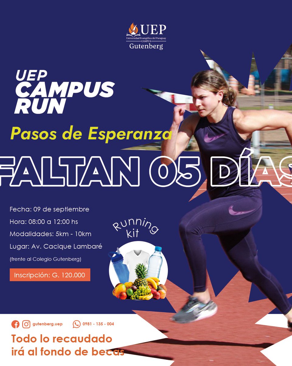 gutenberguep's tweet photo. Estamos a pocos días de la UEP CAMPUS RUN 🏃 “Pasos de esperanza”
¡Te esperamos! Todavía podes inscribirte
https://t.co/TVRiJbGL6X
Valor: G. 120.000 Incluye Running kit Lugar: Av. Cacique Lambaré (Largada frente al Colegio J. Gutenberg) 
#educarparaservir #uepcampusgutenberg https://t.co/KYcMcrAghN