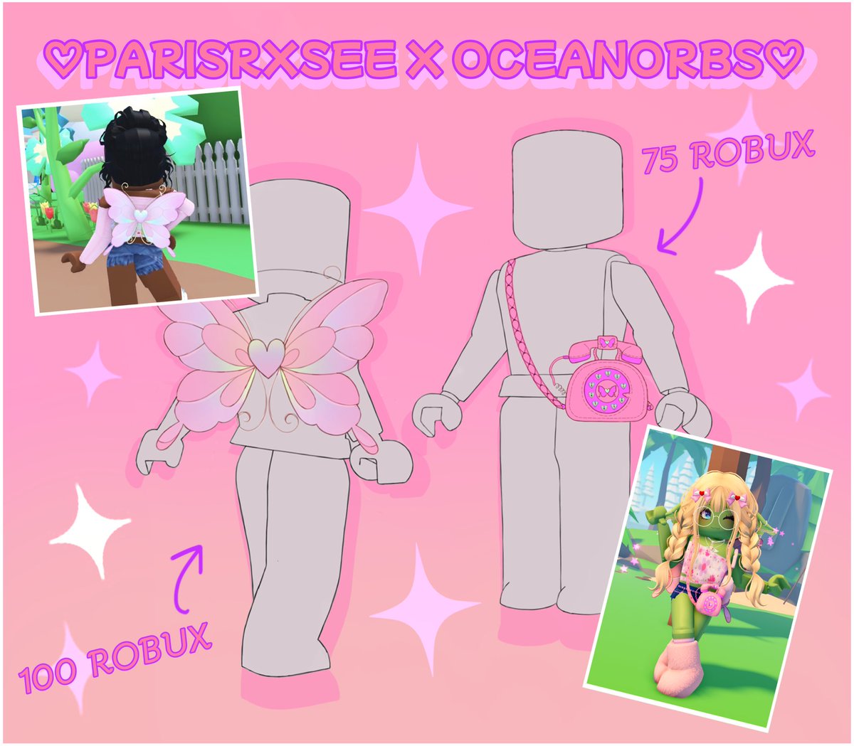 parisrxsee's tweet image. ♡ NEW UGC OUT NOW ♡ : 

✦ 👛📞 &apos;Call Me!&apos; Crossbody Clutch • 75 R$
✦ Alluring Delicate Fairy Wings • 100 R$ 🌸🧚🏾‍♀️

🩷 The parisrxsee x OceanOrbs Collection 💚
            
             ༶•┈┈୨♡୧┈┈•༶

🛍️ check out my group store to purchase : web.roblox.com/groups/1601552…