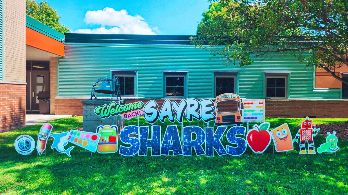 We’re so excited to see our Sayre Sharks tomorrow! A huge thank you to @yardcardninjas for this amazing display! 🦈📚✏️