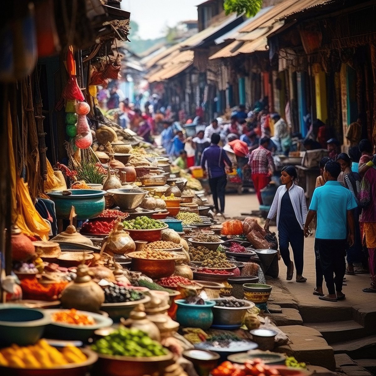 A symphony of colors and cultures. The marketplace buzzes with life and stories waiting to be told. 🛍️' #CulturalFusion #MarketBuzz