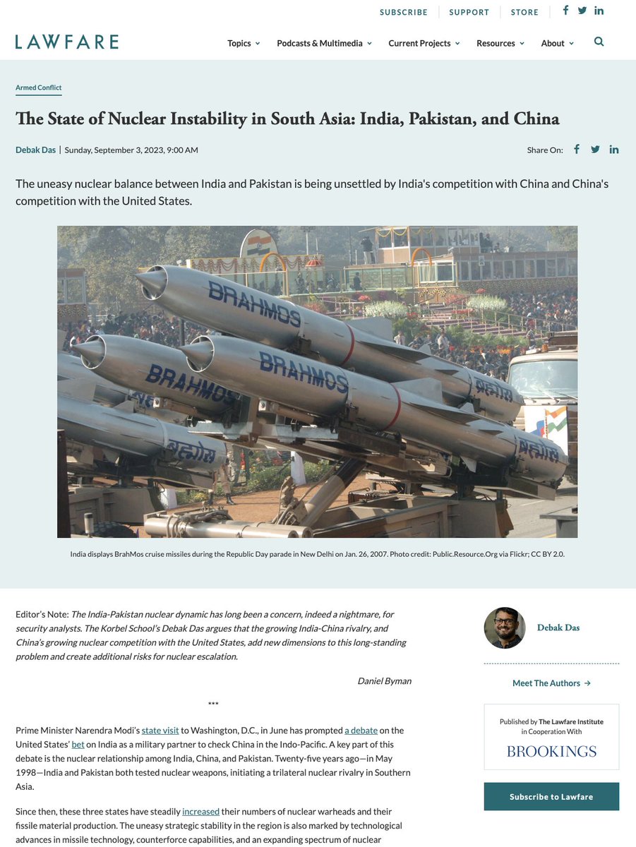 My new piece in @Lawfare on the State of Nuclear Instability in South Asia South Asia is in a quadrilateral nuclear competition. China is responding to US nuclear modernization. India to China’s force expansion & Pakistan is trying to not lag behind India lawfaremedia.org/article/the-st…