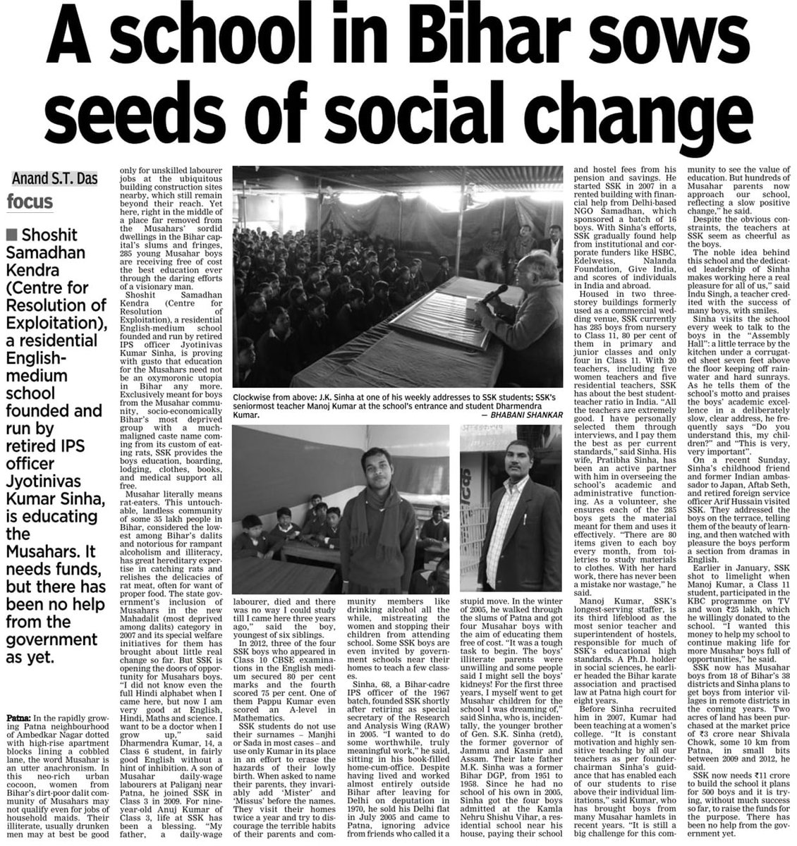 anandstdas's tweet photo. On #TeachersDay, as I look back, JK Sinha stands out very tall—a retired IPS officer whose efforts to educate kids from #Bihar’s dirt-poor Dalit community of #Musahars found big success. I'd visited his school in #Patna in 2013. He got Padma Shri in 2019.
https://t.co/m5AnnhWOqJ https://t.co/qnOIHcIUFi