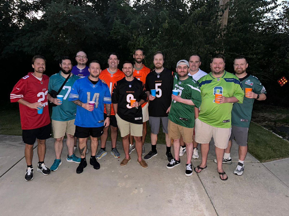 JoeyStier's tweet photo. @ScottFish24 Year 15. 5th year doing auction. Got Chinese food catered this year. Everyone got a jersey of one of their best players from last year. Caricature picture of all of us and an elite video as well. https://t.co/U8H6HiGBzl