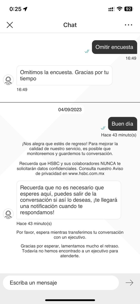 efedefab's tweet image. Ya no espero nada de @HSBC_MX y siempre logran empeorar mi experiencia como usuario. Estoy en el extranjero y me bloquearon mi tarjeta hace una semana, tercer intento por chat, 43 min y contando. Por mucho son el peor banco de México, cuento los días para dejar de ser su cliente.