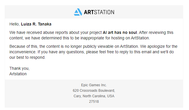 Absolute dogshit moderation. As many in favor to have @ArtStationHQ be a safe place for real human artists and not AI, I posted this image. Today I found it got taken down. Extremely disappointing. Hope you enjoyed my $$ for the years I had previously supported Pro subscription.