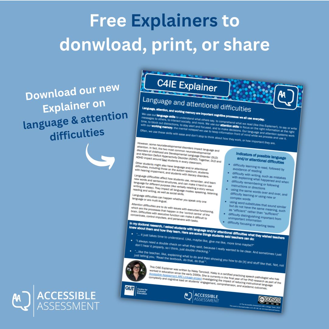 📚 Unpack crucial topics on assessment and #InclusiveEducation with our evidence-informed Explainers! Discover insights on 'Language and attentional difficulties' and how students can be supported in class.
Download: research.qut.edu.au/accessibleasse…