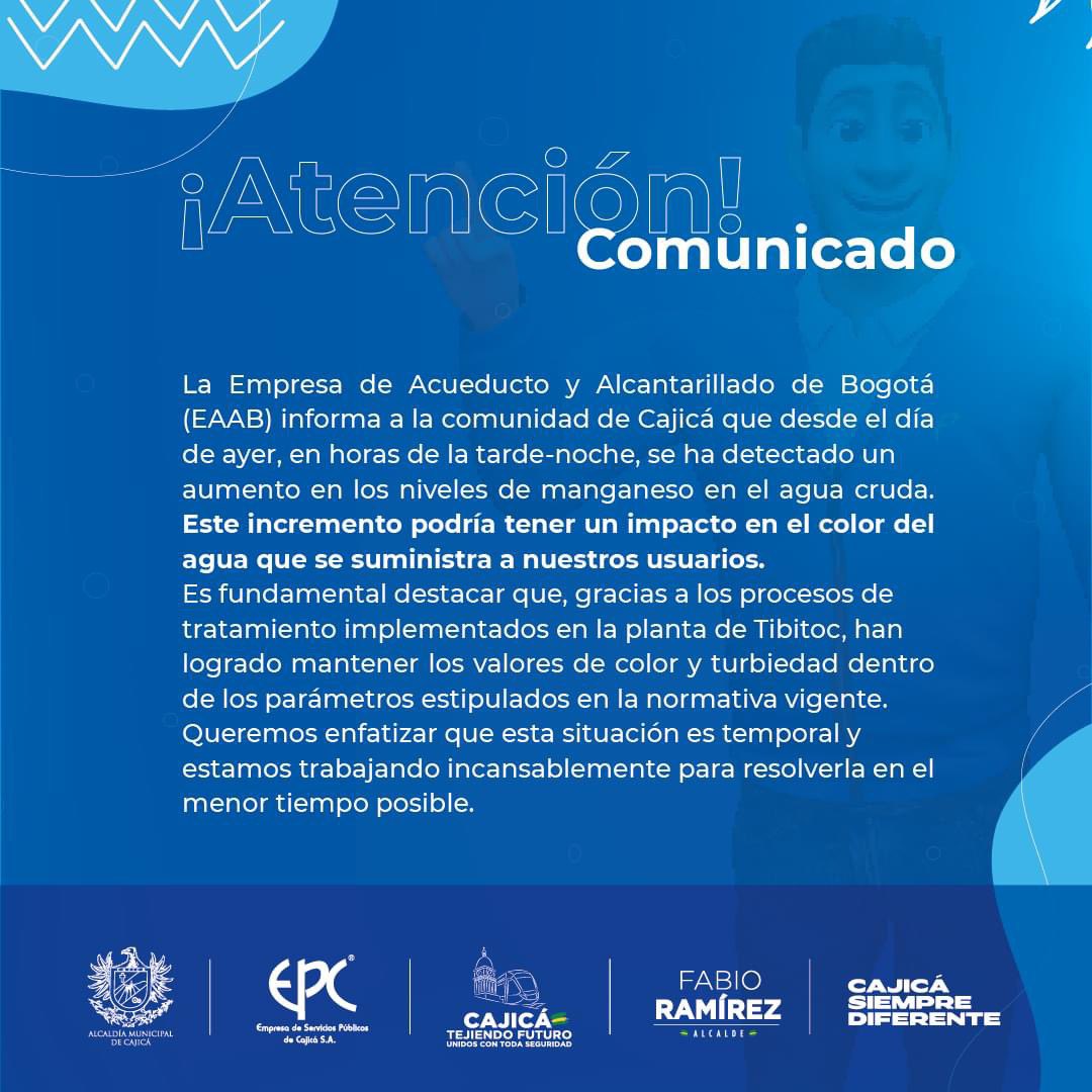 📢 Actualización Importante 🚰 | La empresa de EAAB nos comunica de un incremento temporal de manganeso en el agua cruda, pero desde la planta de Tibitoc se están tomando medidas para resolverlo #CalidadDelAgua #Cajicá