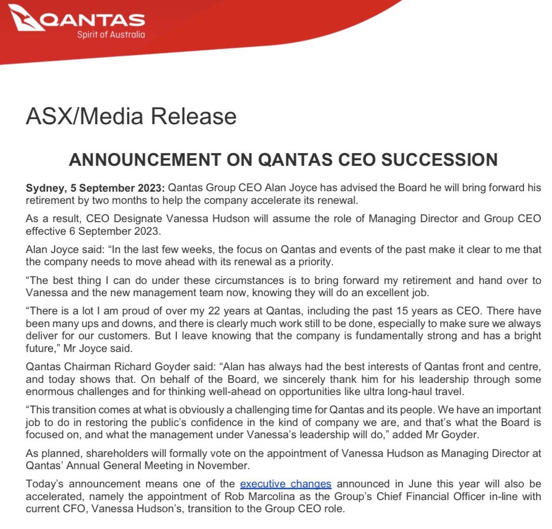 Alan Joyce announces he’ll retire as CEO of @Qantas tomorrow, two months earlier than expected. “In the last few weeks, the focus on Qantas and events of the past make it clear to me that the company needs to move ahead with its renewal as a priority.” @9NewsAUS