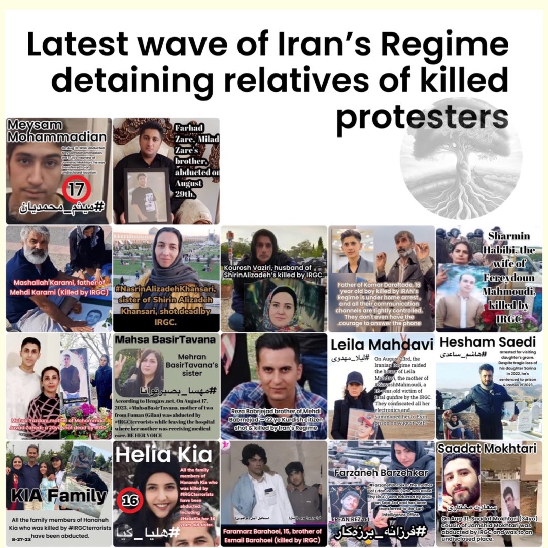 Latest wave of Iran’s Regime detaining relatives of killed protesters

 #MashallahKarami
#FaramarzBarahoei
 #MahsaYazdani
 #NasrinAlizadehKhansari
#SharminHabibi
 #MahsaBasirTavana
#KouroshVaziri
#HassanDaroftadeh
 #RezaBabrnejad
#LeilaMahdavi
 #HashemSaedi
#MasoumehAzari