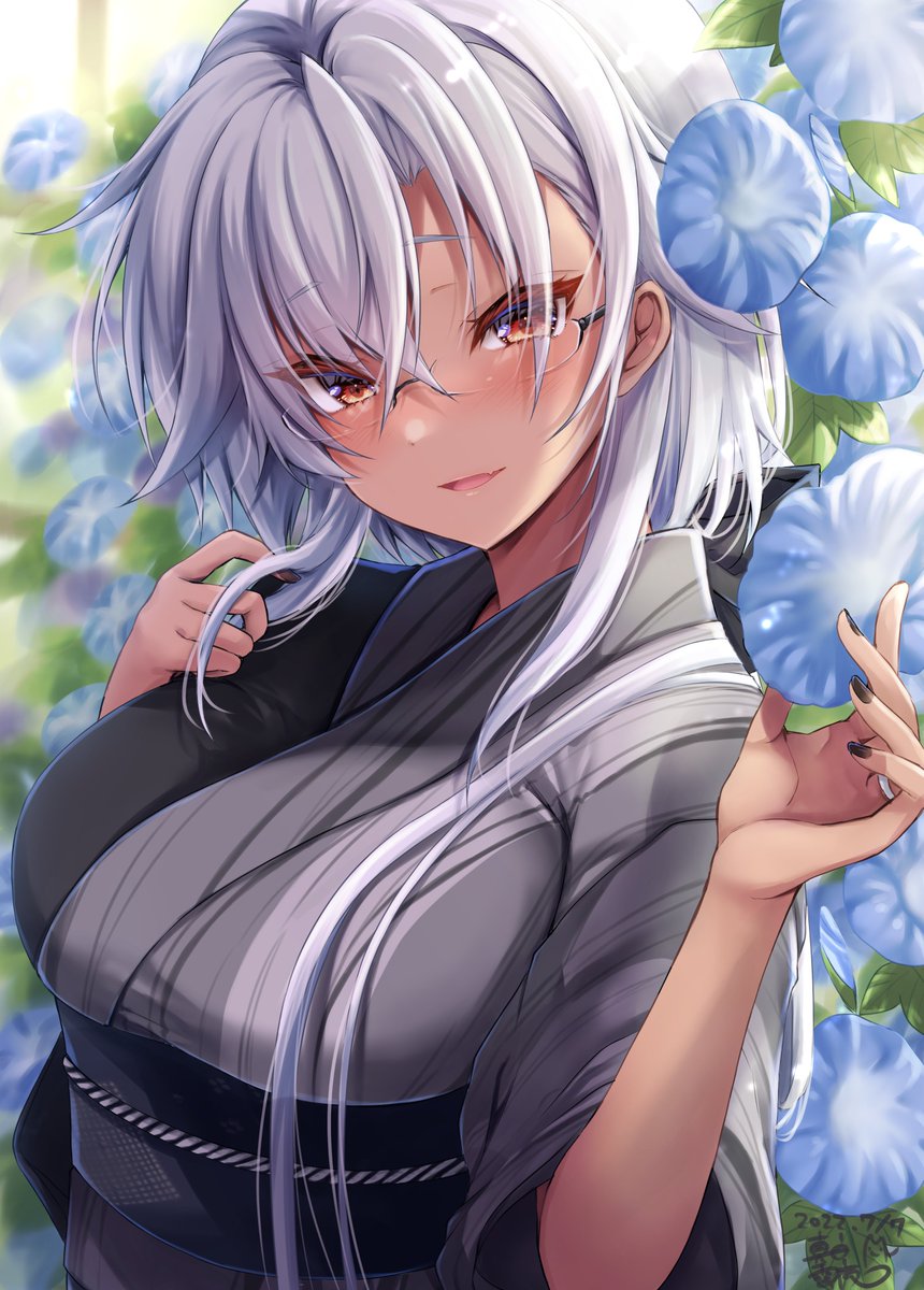 musashi (kancolle) ,musashi kai ni (kancolle) 1girl dark-skinned female solo japanese clothes dark skin kimono rectangular eyewear  illustration images