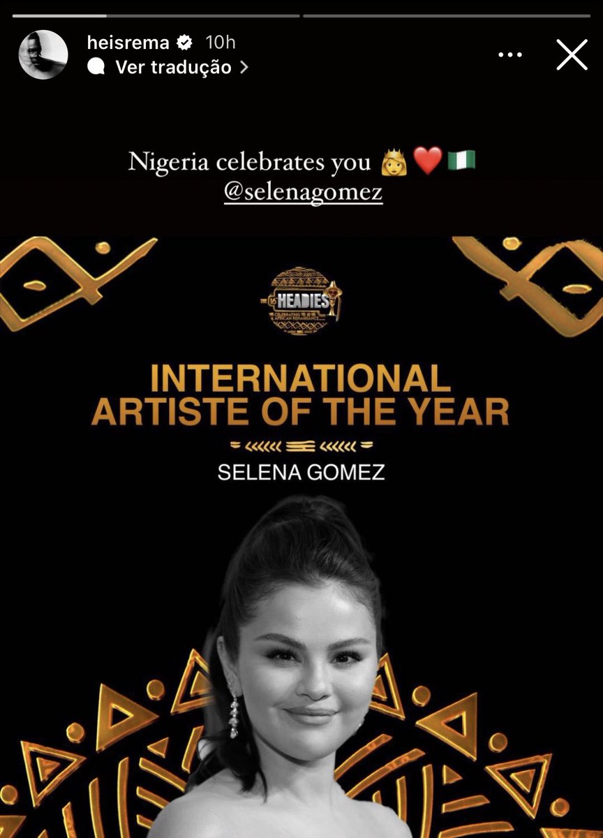 selenagomezbr's tweet photo. Os maiorais! 🥹💖

Rema parabenizou Selena Gomez por ter vencido o prêmio de “Artista Internacional do Ano”, no The Headies, premiação musical da Nigéria, país de origem do cantor: “A Nigéria te celebra”. 

A cantora republicou a homenagem em seu Instagram Stories! ✨ https://t.co/DmP2h8ZTX7