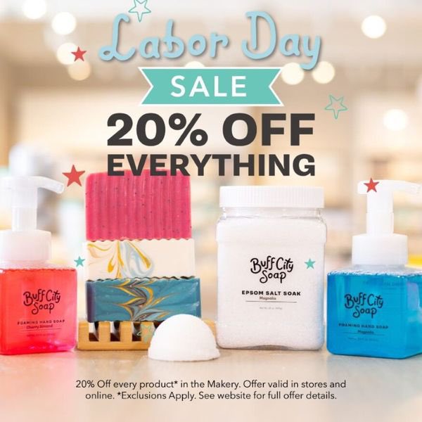 JoyceHalbert's tweet image. @BuffCitySoap what about this ad says this 20% off is not available ON Labor Day?  The text even said check local stores for Labor Day hours.  I had planned to make a larger purchase but due to this deceitful advertising I put quite a bit back. Disappointing