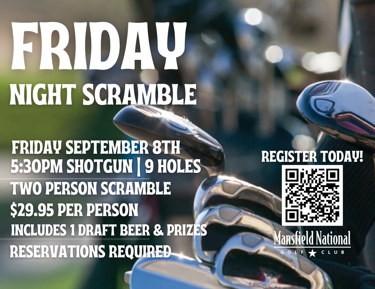 #FridayNightScramble will continue this week! 

Comp draft beer during check-in 
#HappyHour specials
On-course contests and raffle giveaways during scoring. 
Join us for another exciting evening of friendly competition, drinks and prizes!

Sign-up TODAY!
ow.ly/wXX250PHfVU