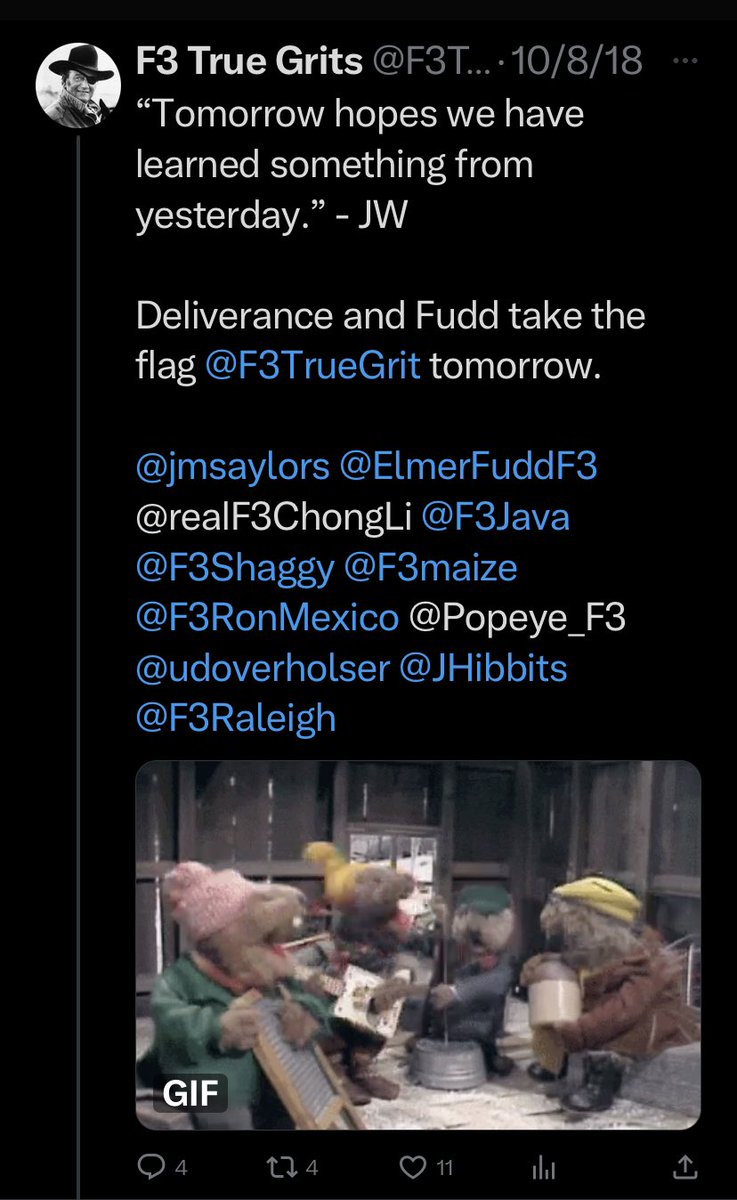 F3 True Grit (@f3truegrit) on Twitter photo “Tomorrow hopes we have learned something from yesterday.” Join us for a classic LD Q, as the TG Board of Governors passes the ol’ six shooter to HamWorm. Pre 5, main 5:30. <a href="/ElmerFuddF3/">Michael C. Hobson</a> <a href="/jmsaylors/">Jason Saylors</a> <a href="/mahesrs/">Scott Maher</a> <a href="/F3Ringwald/">Jonathan Hughes</a> <a href="/mmalonef3/">Michael Malone</a> <a href="/F3Raleigh/">F3 Raleigh</a> “Tomorrow hopes we have learned something from yesterday.” Join us for a classic LD Q, as the TG Board of Governors passes the ol’ six shooter to HamWorm. Pre 5, main 5:30. <a href="/ElmerFuddF3/">Michael C. Hobson</a> <a href="/jmsaylors/">Jason Saylors</a> <a href="/mahesrs/">Scott Maher</a> <a href="/F3Ringwald/">Jonathan Hughes</a> <a href="/mmalonef3/">Michael Malone</a> <a href="/F3Raleigh/">F3 Raleigh</a>