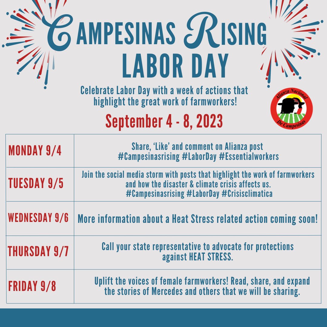 You can support and amplify farmworker womens' asks, by participating in our actions this week. Sign up for email updates or follow us to stay up to date!

#LaborDay #Campesinas #Farmworkers #FarmworkerWomen #CampesinasdePie #CampesinasRising