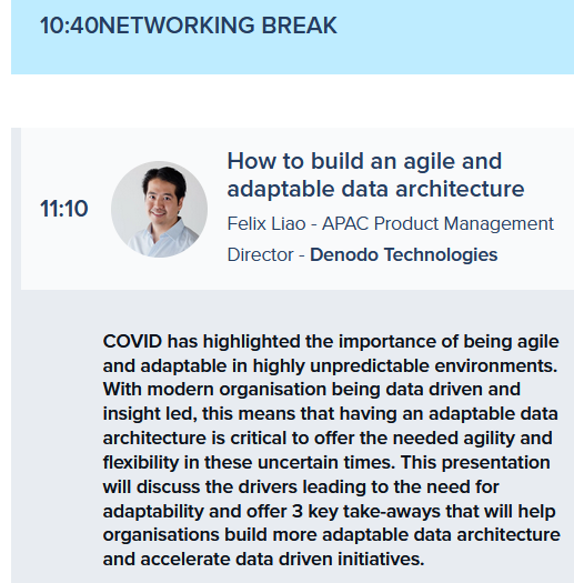 HeathBoyceDV's tweet photo. If you are at the  @CoriniumGlobal  #CDAO in #Melbourne this morning (5 September), do not forget to see @FelixLiao speaking (immediately after the networking break,) 11.10am https://t.co/v2mRWXB7ta

We are @denodo #ANZ @daniel_hatfield @DV_ChrisDay https://t.co/BxzSnGJLSF