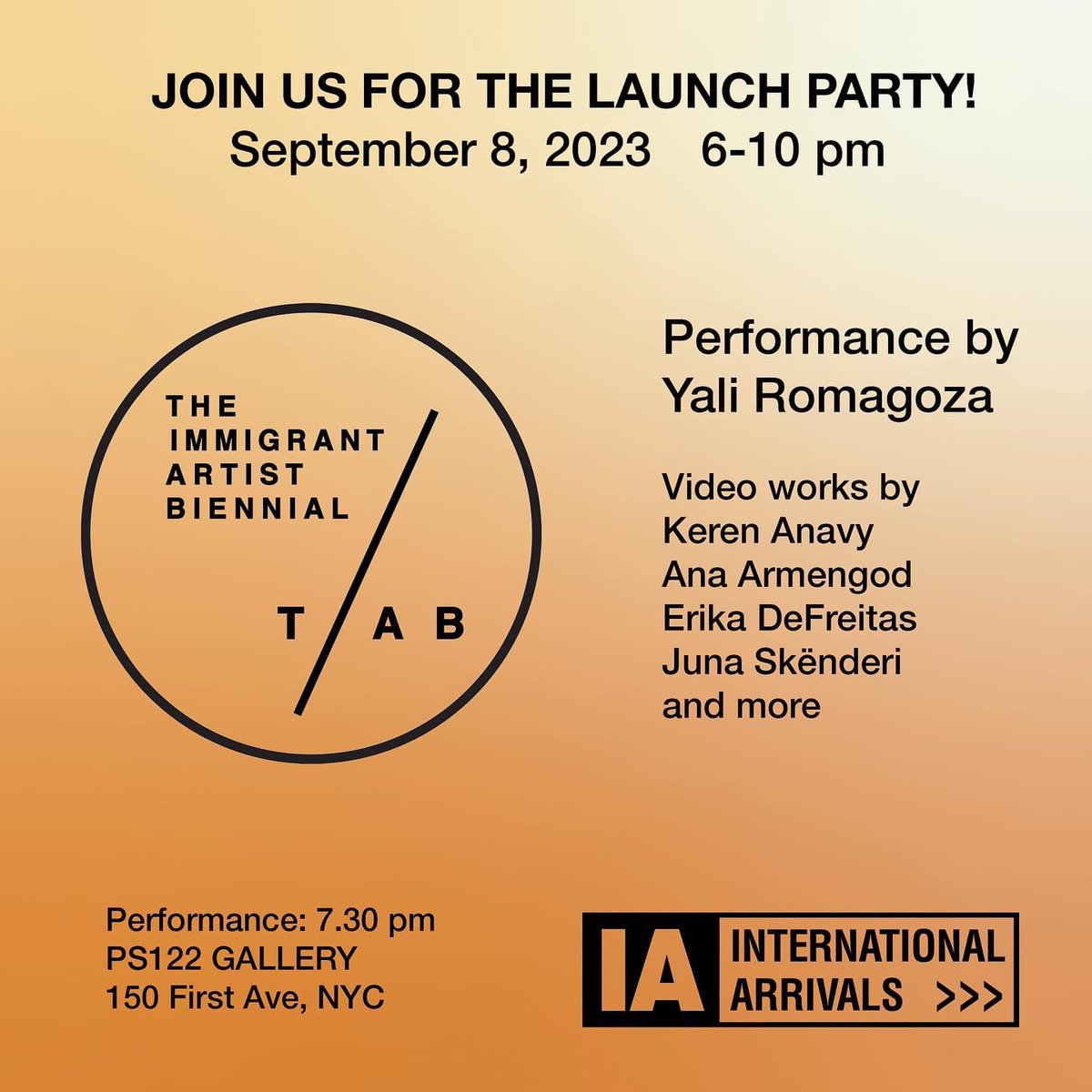 LAUNCH PARTY of the The Immigrant Artist Biennial-TIAB !! 
9-8-23 / 6-10Performance By Yali Romagoza  <a href="/ps122gallery/">ps122gallery</a> #nyc 
 @katyagrokhovsky #eastvillage @biancaabdiboragi <a href="/katherine/">katherine 🩹 🩹 🩹 🩹 🎉</a>.1433 @shrimp__sandwich @cuquitathecubandoll  @kerenanavy @humanleather <a href="/erikadefreitas/">Érika de Freitas</a> <a href="/junaverse/">Juna Skënderi</a>